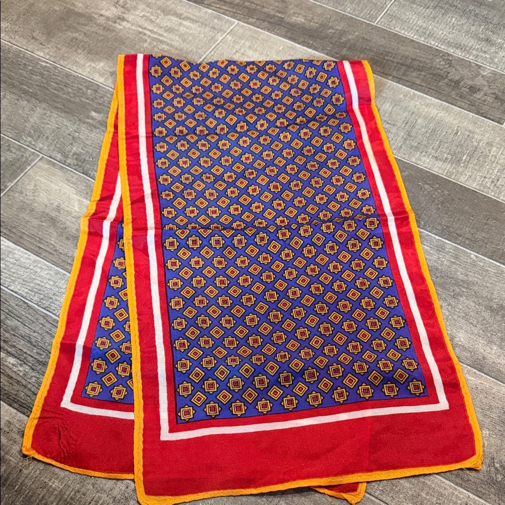 Vintage Elegant Red and Blue Geometric Scarf 100% silk